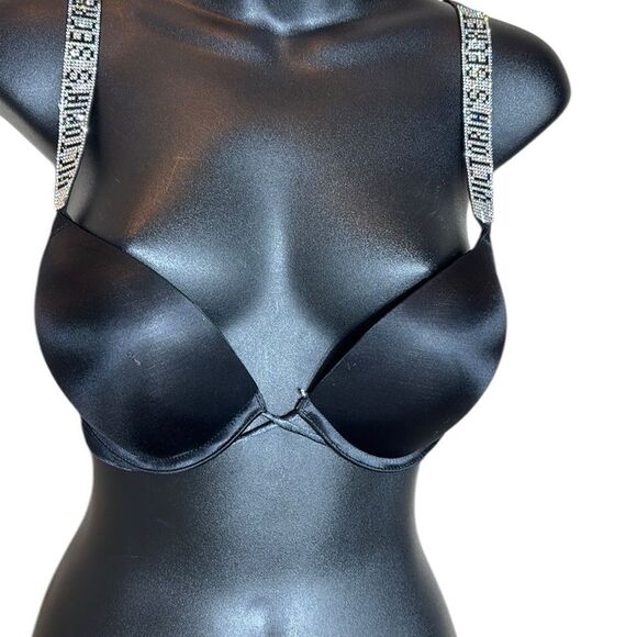 Victoria’s Secret bombshell plunge 32C bling strap logo black push up add 2 cups - Picture 1 of 6